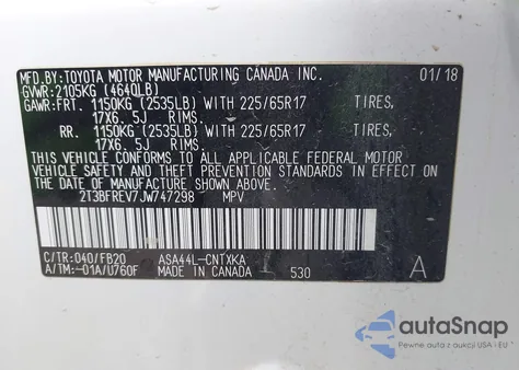 2018 Toyota Rav4 Le z USA, uszkodzony, nr VIN 2T3BFREV7JW747298